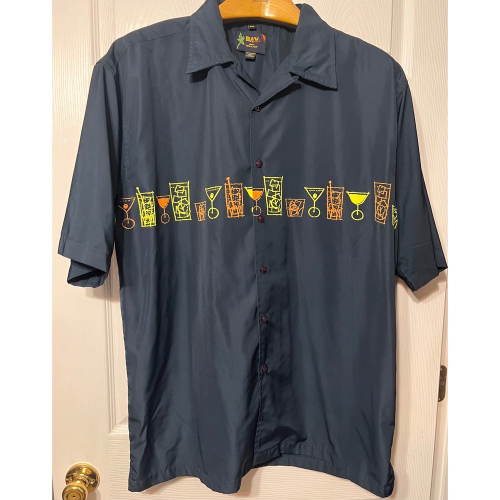 Bay Creek Mens XXL Navy Blue Cocktail Drink Embroidered Camp Shirt Short Sleeve